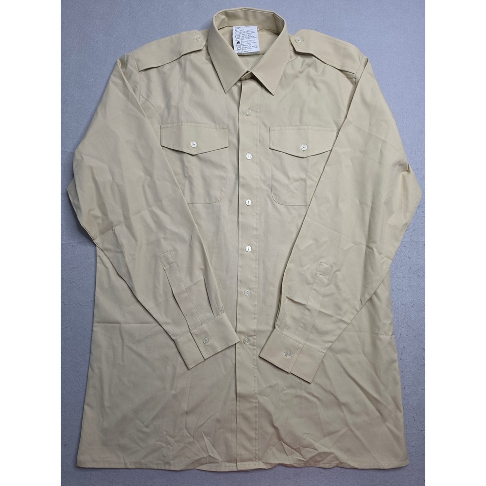 Fawn Army Shirt Men 40 Beige Cotton Pockets Shoulder Strap Long Sleeve Button-Up